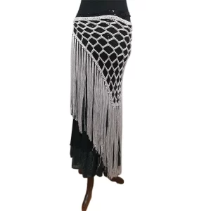 Caderín tejido en hilo de Seda Natural . Flecos Largo. Para danza árabe , bellydance, tribal, plateado.