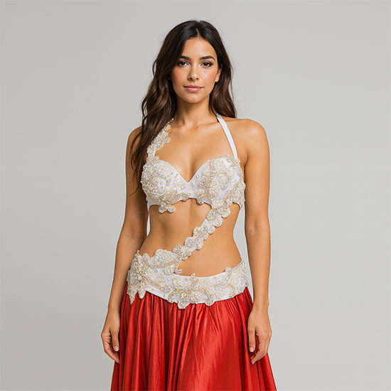 Traje de Danza Árabe Blanco Perlas y falda Roja