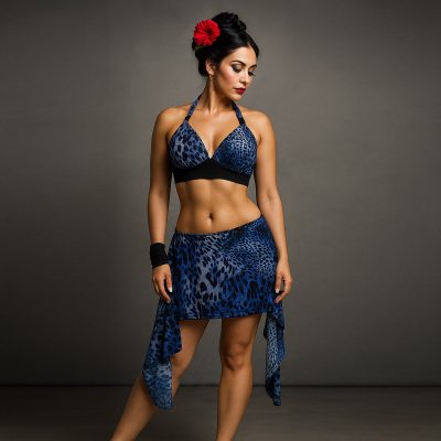 Vestuario de danza, top para danza y faldita animal print negro y azul. Licra brasilera.