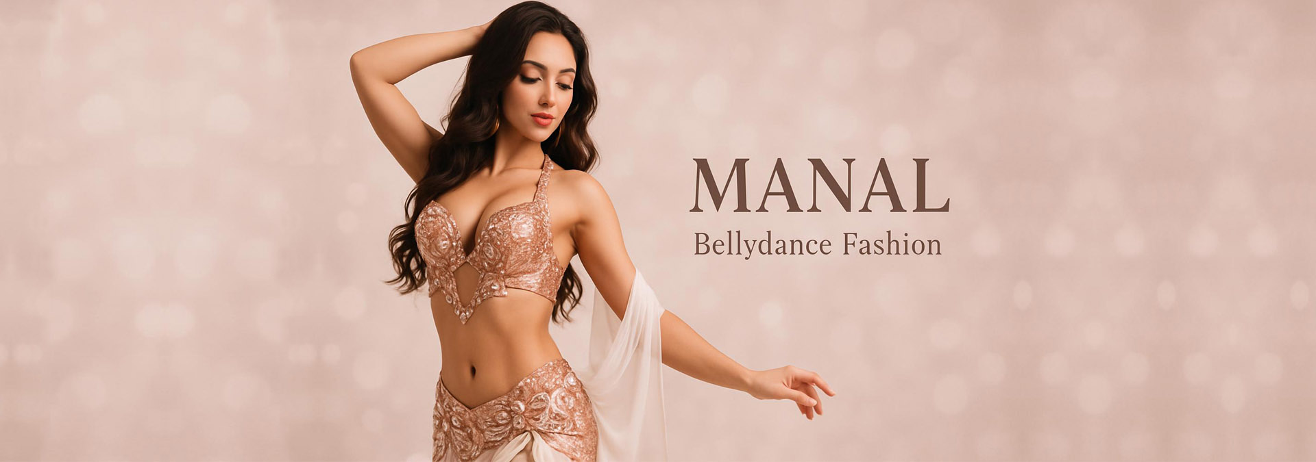 Bailarina con Traje Profesional de danza árabe color palo rosa y nude, Vestuario de Confección a Medida MANAL