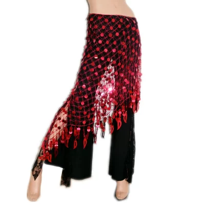 caderin tipo faldon largo tejido en hilo de seda rojo con lentejuelones rojos. para danza árabe
