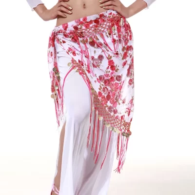 Caderin en gasa blanca, estampado con flores fucsias y rojas. Orillado en modenas y flecos de seda.