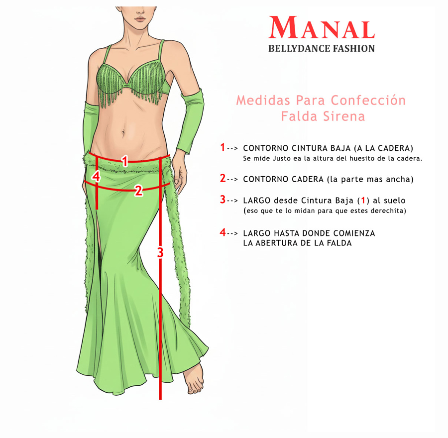 Instrucciones para tomar medidas corporales necesarias para la confección a medida Manal Falda Sirena