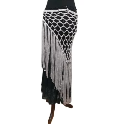 Caderín tejido en hilo de Seda Natural . Flecos Largo. Para danza árabe , bellydance, tribal, plateado.