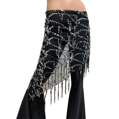 Caderín Pañuelo negro bordado en lentejuelas plateadas para danza arabe