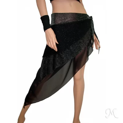 Falda Triple capa diagonal larga, malla negra y malla negro con plateado.sobrefalda-triple-capa-tango-orienta-en punta