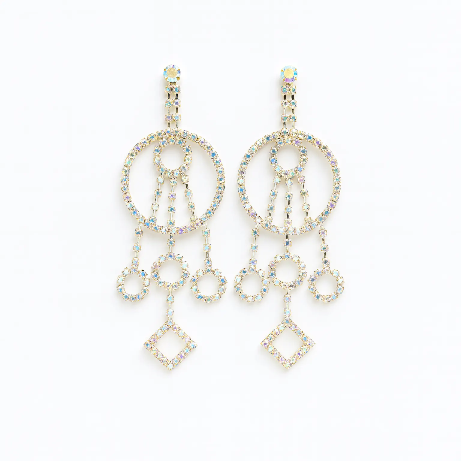 Par de aros extra largos de strass tornasol (iridiscente) de 11 cm, con diseño de círculos concéntricos y formas geométricas, perfectos para trajes de danza y escenario.