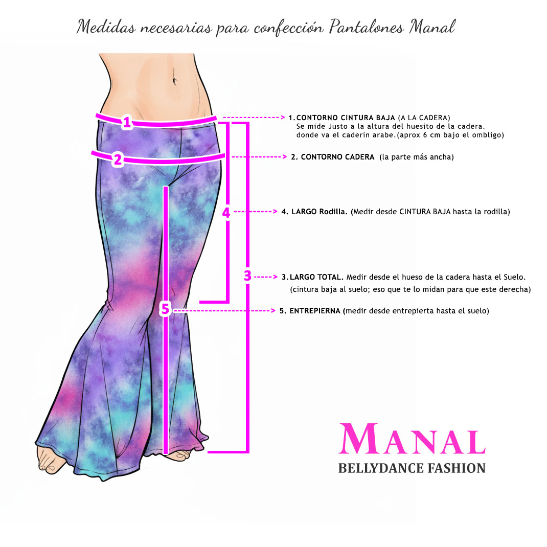 Guía de medidas necesarias para confeccion a pedido de pantalones de danza arabe Manal
