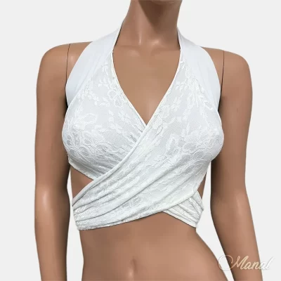 Top para danza, encaje y licra a blanco, diseño cruzado.