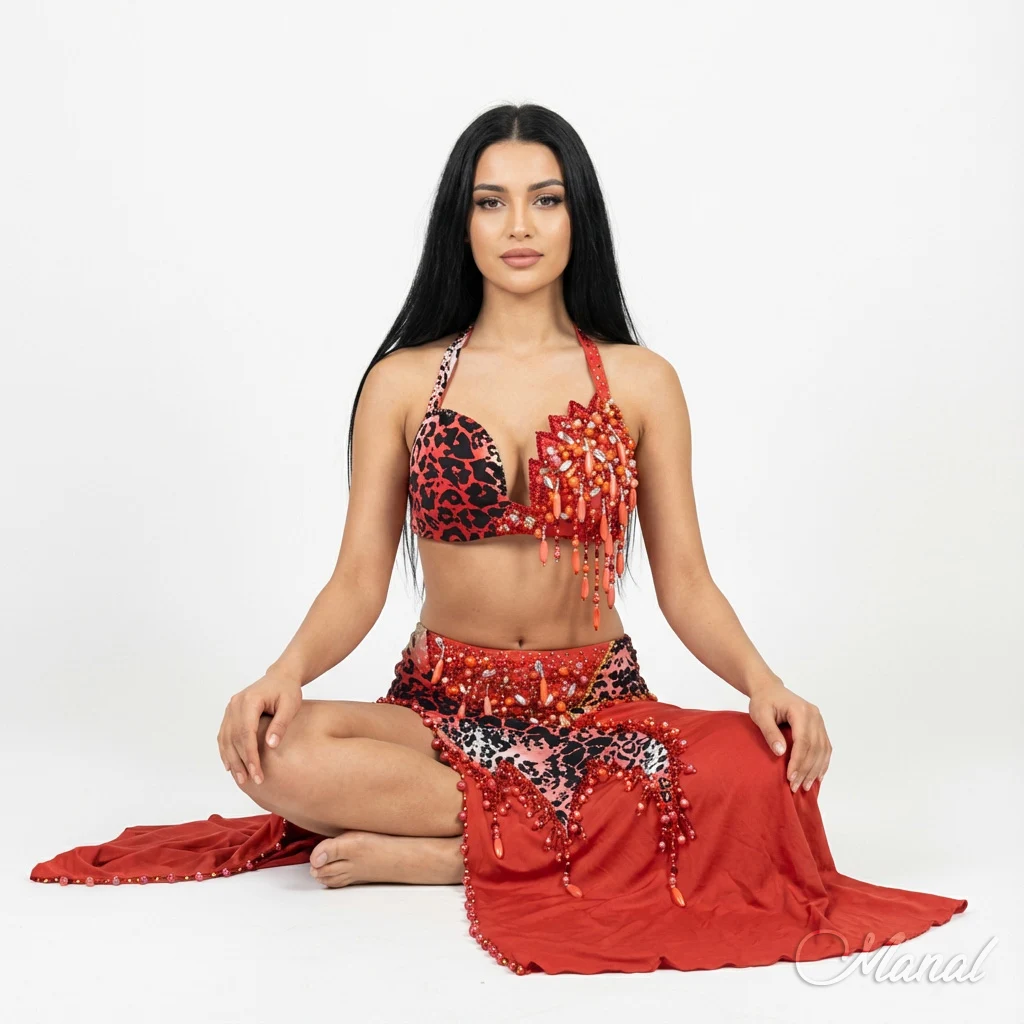 Traje profesional bordado a mano en pedrería y cristales color coral rojizo, con telas animal print y licra.