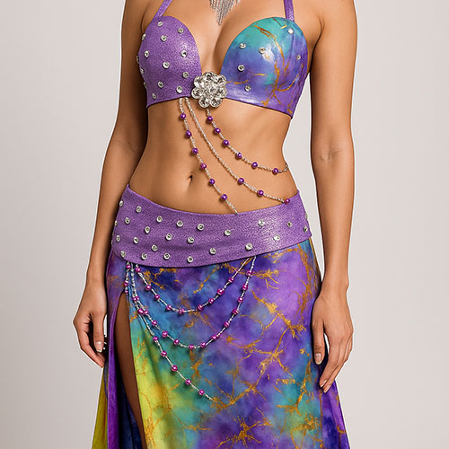 Traje profesional lila batik mezcla de lila amarillo turquesa, con pedrería brasilera y Strass creado por Manal