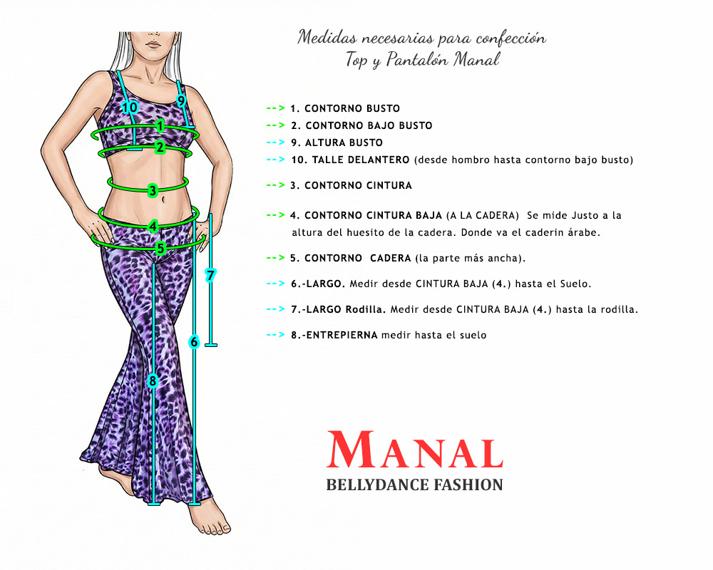 Instrucciones para tomar medidas corporales necesarias para la confección a medida Manal Conjunto Esencial Top y Pantalón Acampanado