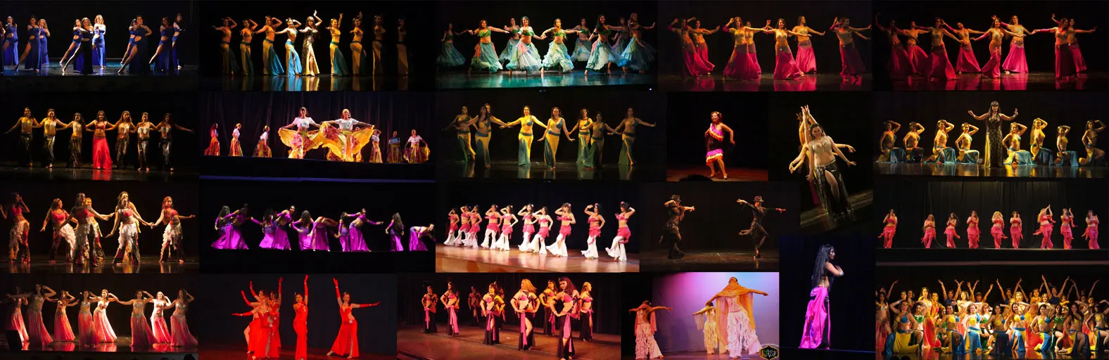 Collage de fotos en escenario de escuelas y academias de danza arabe oriental, danza del vientre, con vestuario de danza confeccionado por Manal